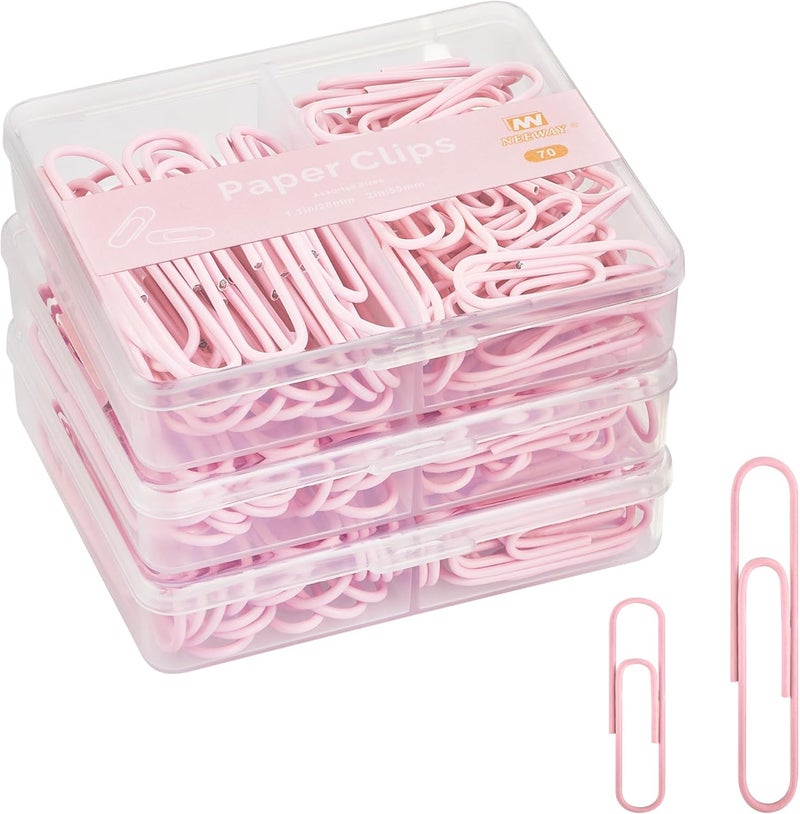 NEEWAY Colorful Paper Clips Assorted Sizes, Small and Large Paperclips, 210 Count, 3 Pack of 70 (Light Pink) - Image 1